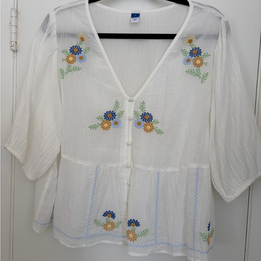 Old Navy White Blouse with Blue and Yellow Embroidery
